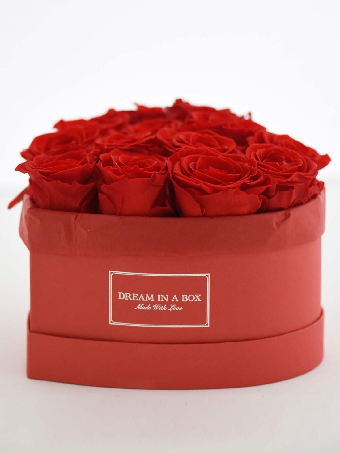 Dream a Little Dream Scatola rossa a forma di cuore con rose rosse stabilizzate