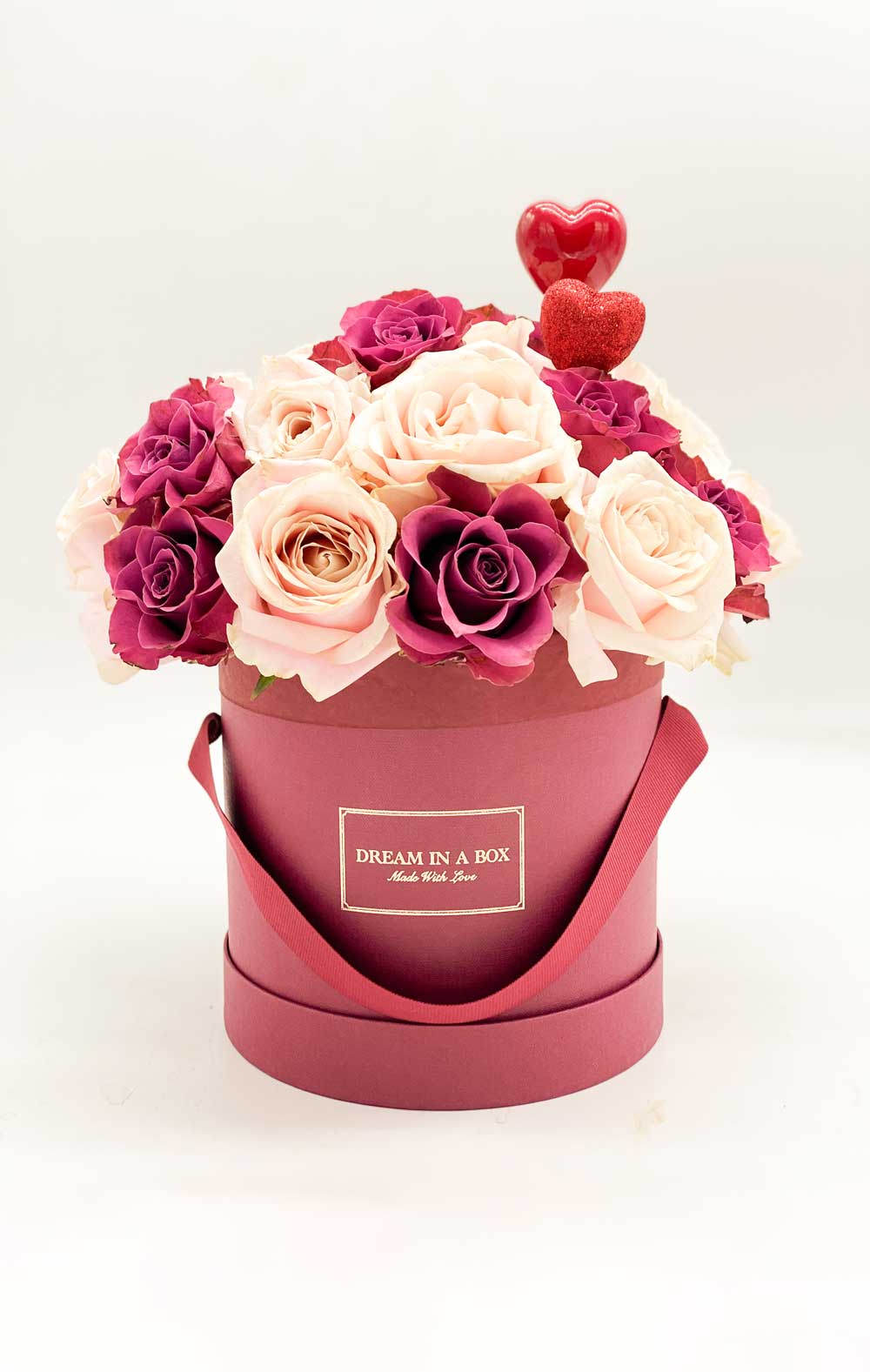 Winter dream box bordeux con rose sweet-avalanche e rose prugna-ascott doppio cuore lucido