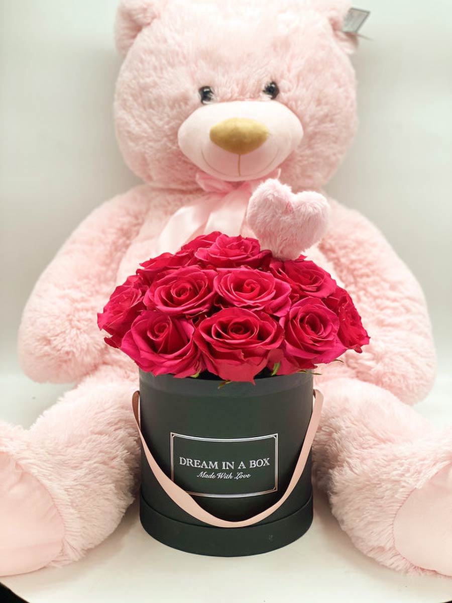 Lovely Dream Special Package con Orso Ted 120 cm, Rose Fucsia e pin peluche  a cuore